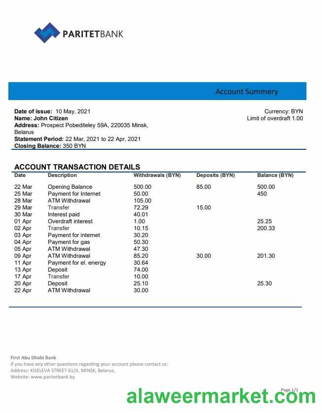 Belarus Paritet Bank statement